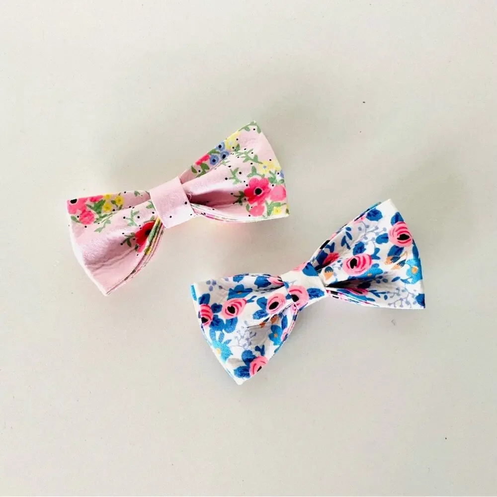 2 NEW HANDMADE Light Blue Pink Blush Floral Dog Cat Pet Collar Elastic Bow Tie